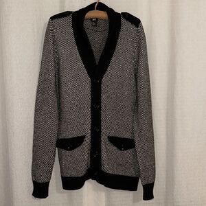 H&M L Black White Checkered Knit Wool Blend Shawl Button Front Cardigan Sweater